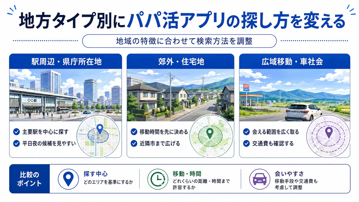 地方タイプ別にパパ活アプリの探し方を変えるの図解