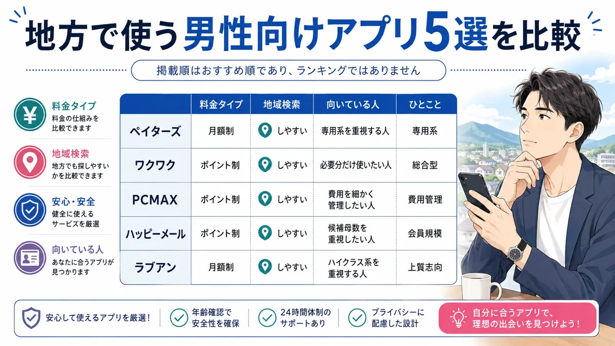 地方で使う男性向けパパ活アプリ5選を比較の図解