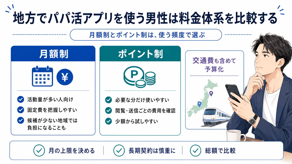 地方でパパ活アプリを使う男性は料金体系を比較するの図解