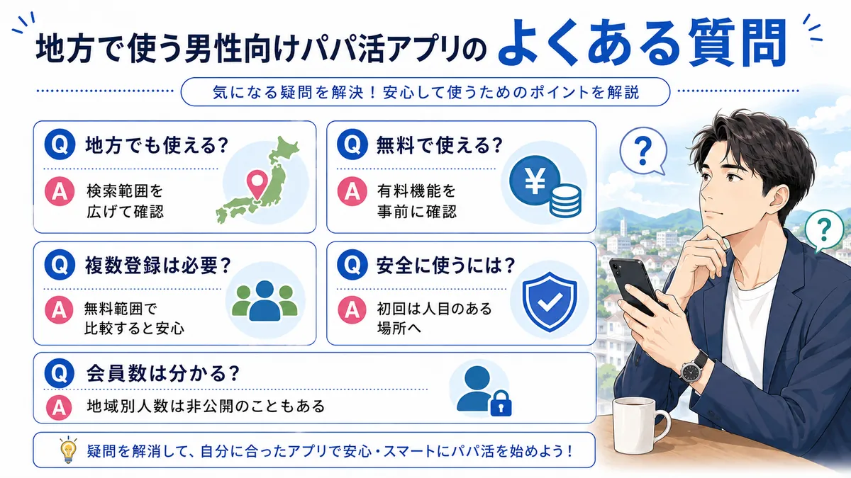 地方で使う男性向けパパ活アプリのよくある質問の図解
