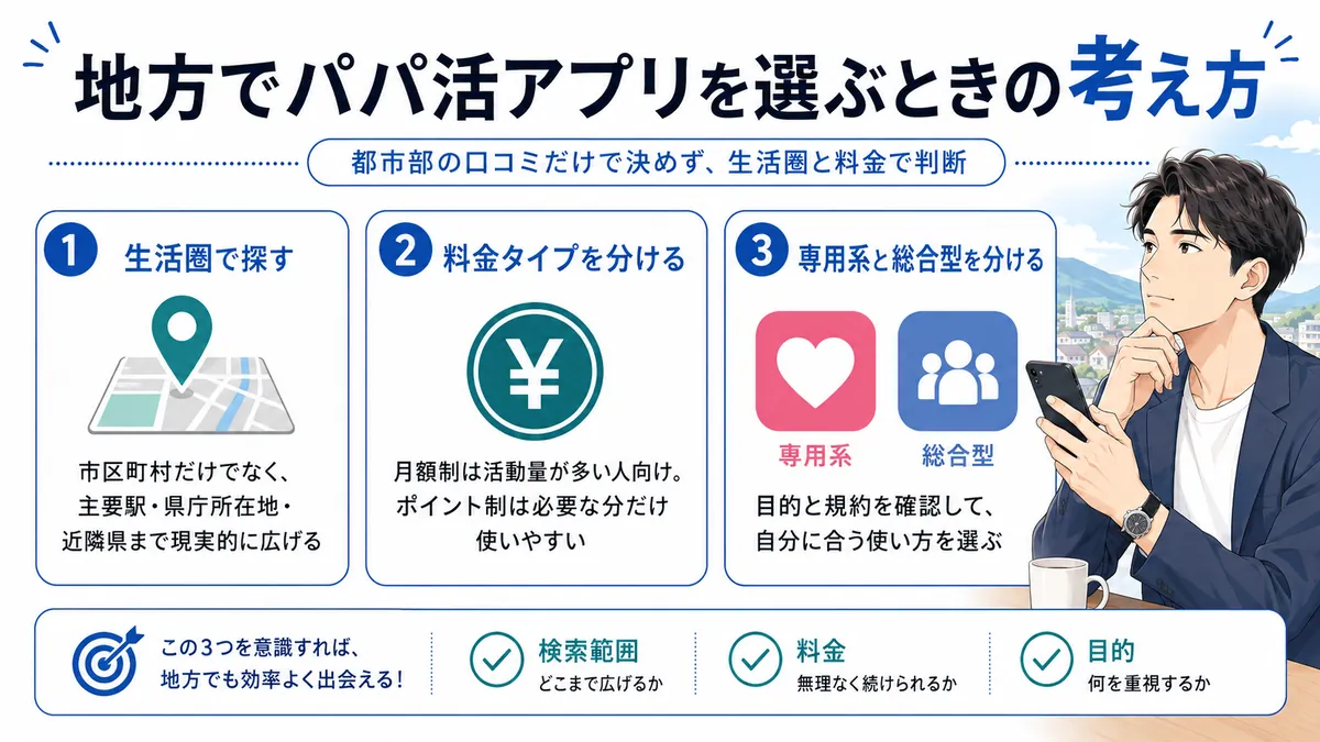 地方でパパ活アプリを選ぶときの考え方の図解