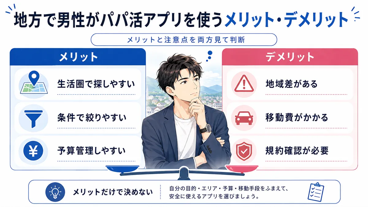 地方で男性がパパ活アプリを使うメリット・デメリットの図解