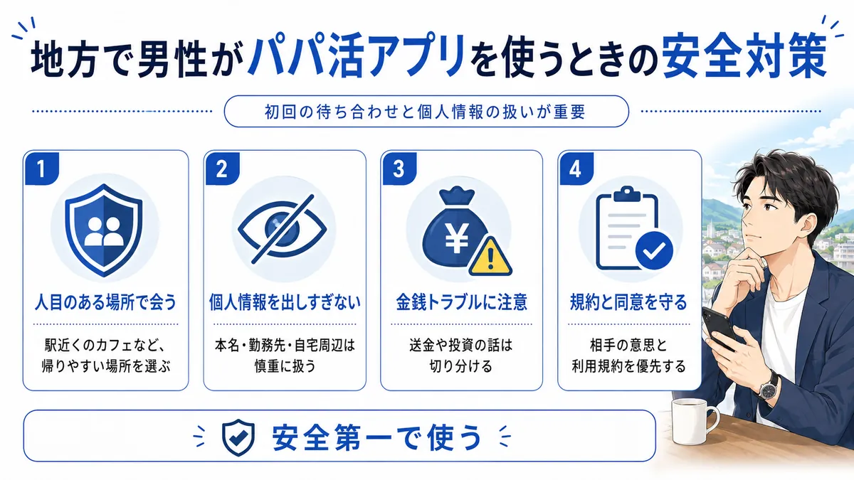 地方で男性がパパ活アプリを使うときの安全対策の図解