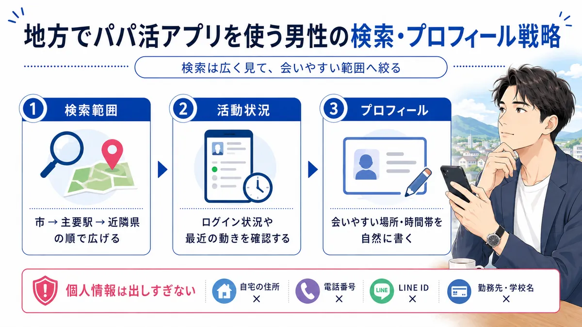 地方でパパ活アプリを使う男性の検索・プロフィール戦略の図解