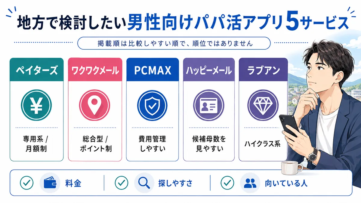 地方で検討したい男性向けパパ活アプリ5サービスの図解