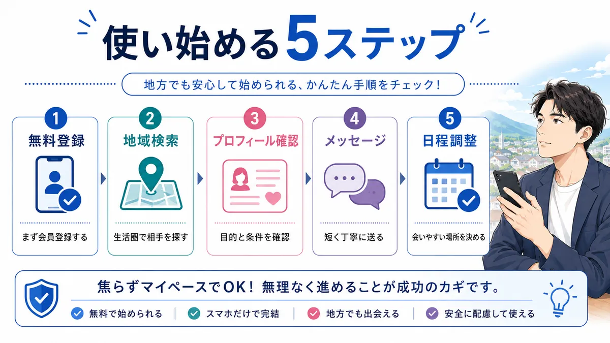 地方でパパ活アプリを使い始める手順の図解