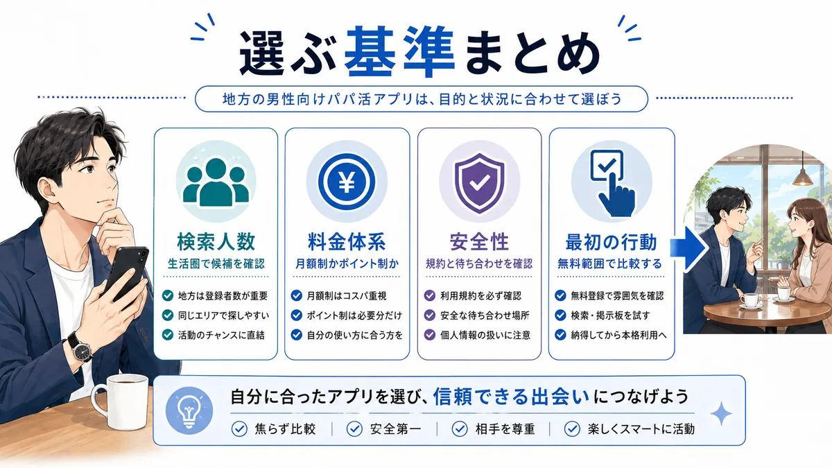 まとめ｜地方の男性向けパパ活アプリは検索人数と料金で選ぶの図解